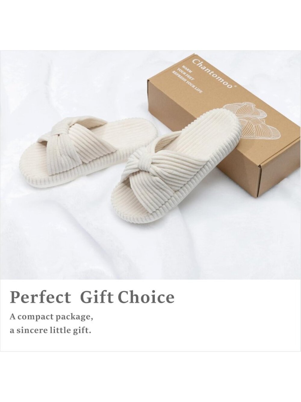 Women's Beige Memory Foam House Corduroy Bow Crossbands Comfy Soft Slipper Shoes - Picture 5 of 6
